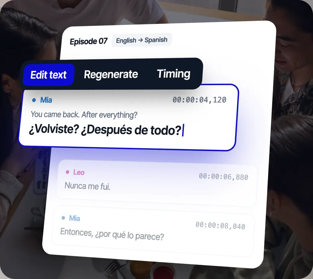 Editor de líneas de Rask para el episodio 07, del inglés al español: se está editando una línea de Mia con opciones para editar texto, regenerar y cambiar los tiempos