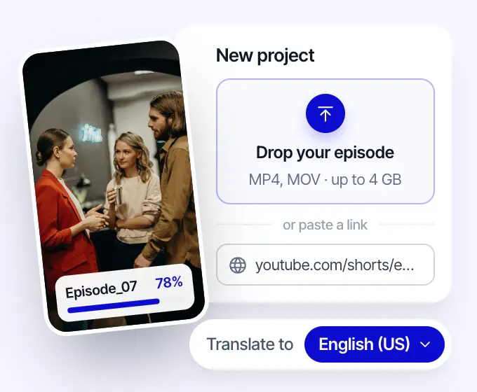 Pantalla de nuevo proyecto en Rask: un episodio de minidrama cargándose al 78%, con el idioma de destino configurado en inglés (EE. UU.)
