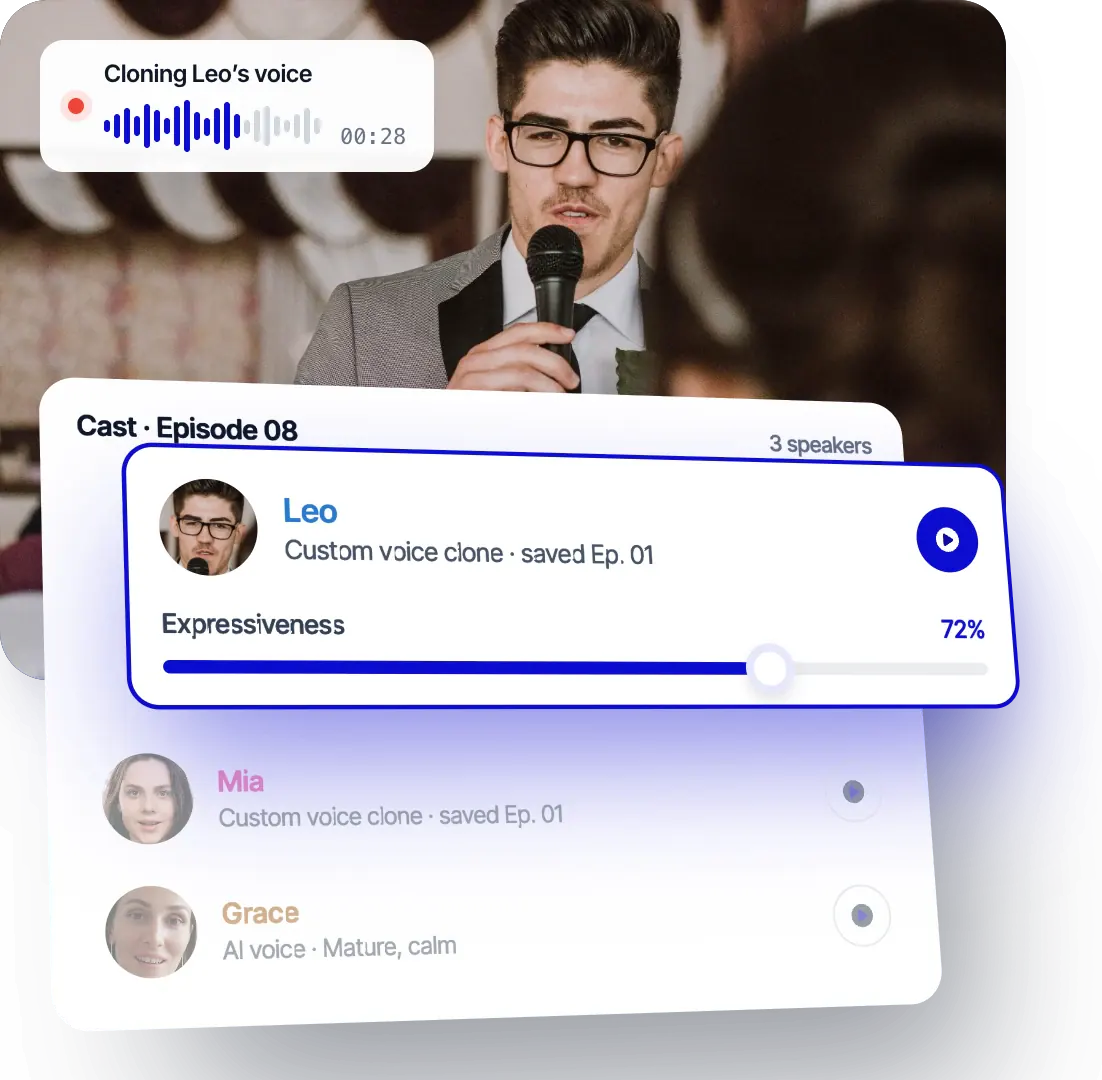 Clonación de la voz de Leo en Rask y el reparto del episodio 08: Leo y Mia con copias de voz personalizadas guardadas en el episodio 01, Grace con una voz de IA y un control deslizante de expresividad al 72 %